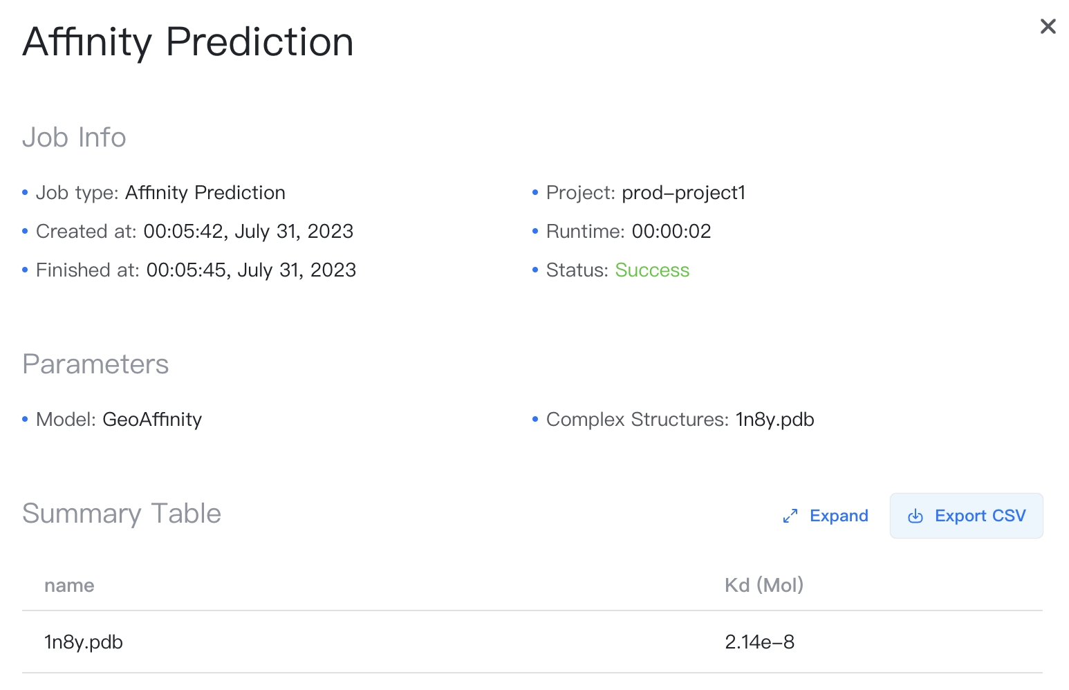 Affinity Prediction Result Table